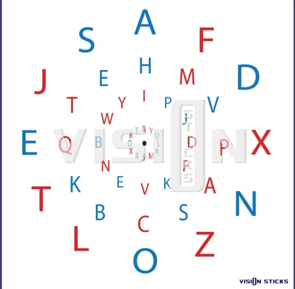 Eye vision test chart with red and blue letters.